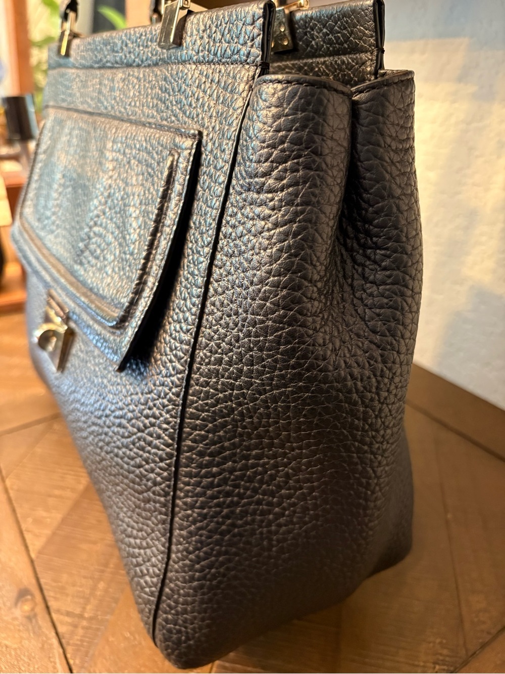 👛❤️Kate Spade New York Black Pebbled Leather Turnlock Tote Shoulder Bag Large - Picture 5 of 10